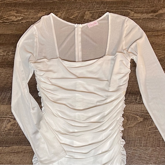 Pink Lily White Ruched Bodycon Dress L Sheer Mesh Long Sleeve Romantic - Picture 5 of 11